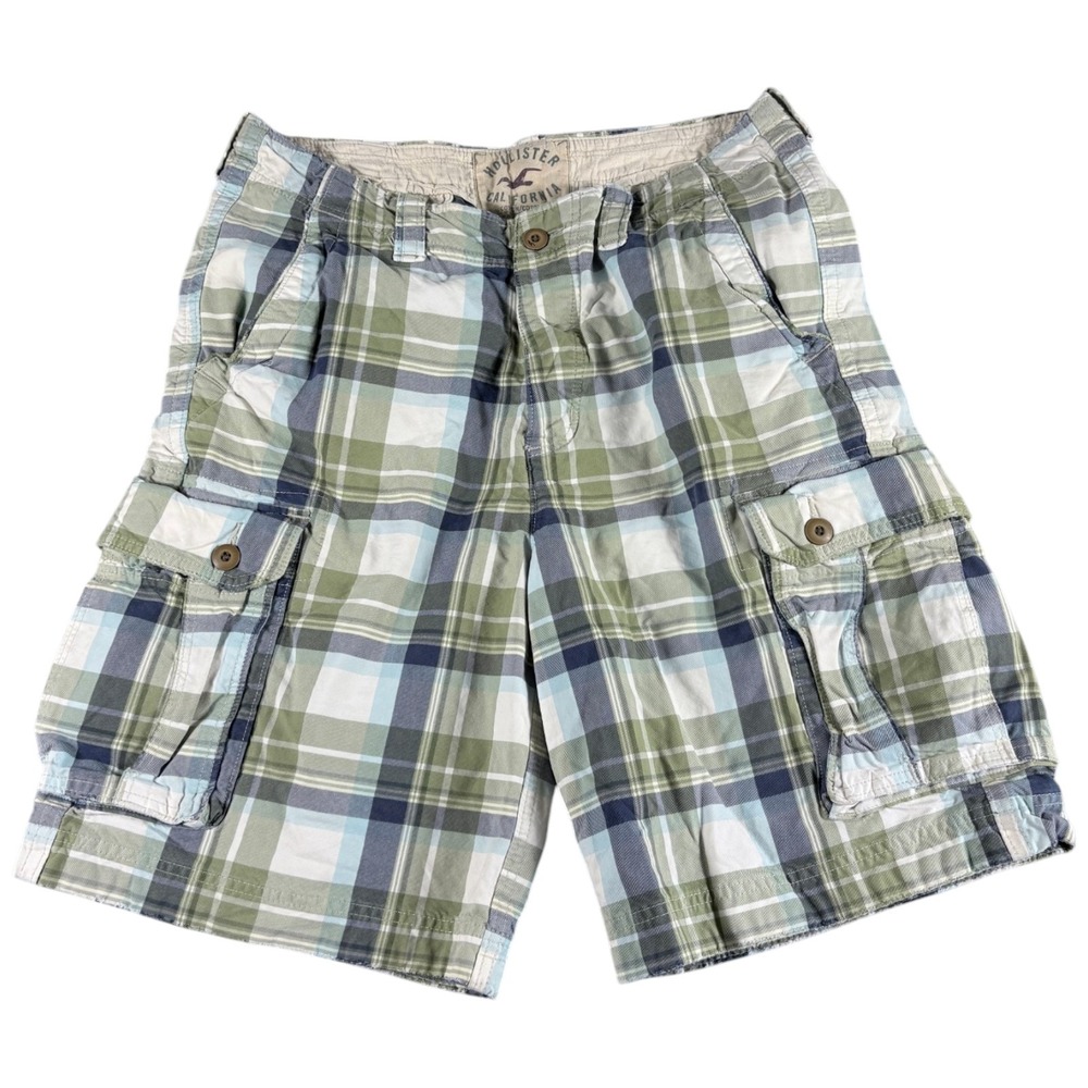 Hollister Cargo Shorts Mens 34 Green Blue Plaid Vintage Relaxed Workwear Y2K